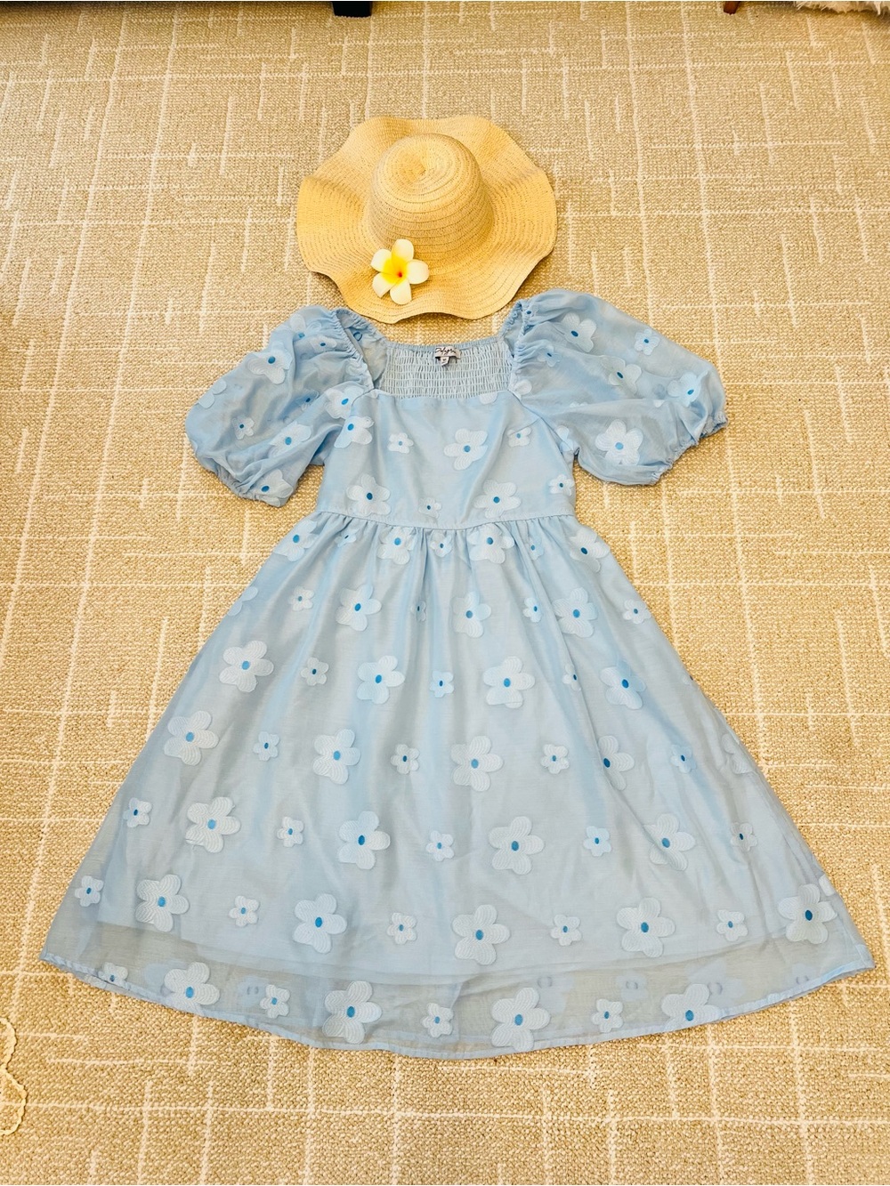 Blue Floral Puff-Sleeve Dress with Square Neck - Picture 11 of 11
